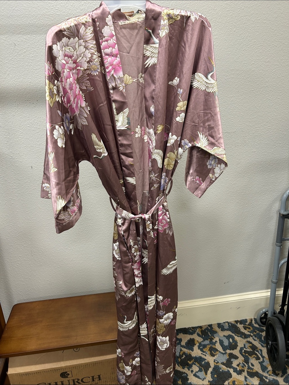 Floral Chrysanthemum & Crane Satin Kimono Robe - Dusty Mauve, boho chic